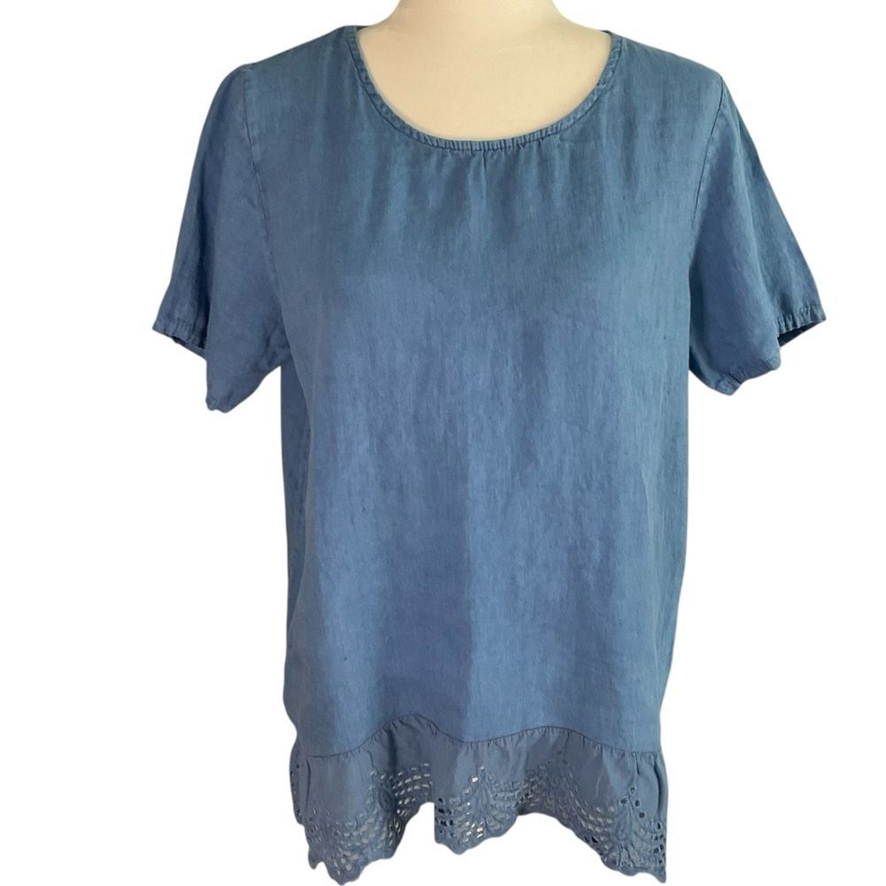 Terzo Millennio Powder Blue Linen Eyelet Lace Hem Short Sleeve Top Size L